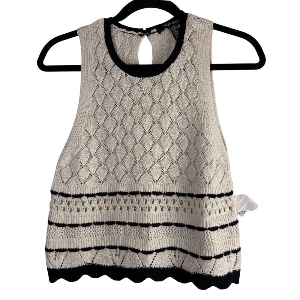 Ellen Tracy Black Pointelle Knit Sleeveless Top Mock Neck Officecore NWT XS